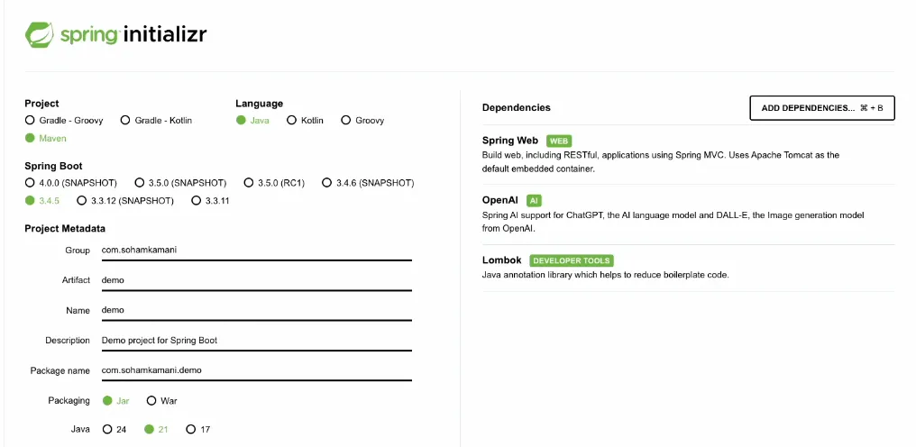 Screenshot of Spring Initializr (start.spring.io) with dependencies like Spring Web, Spring AI OpenAI, and Lombok selected