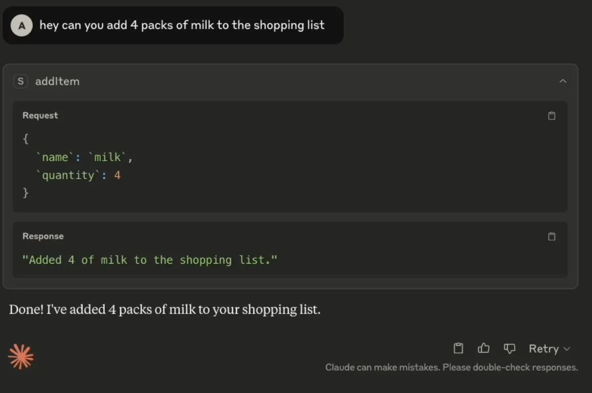 Screenshot of Claude Desktop chat interaction showing adding and listing shopping items