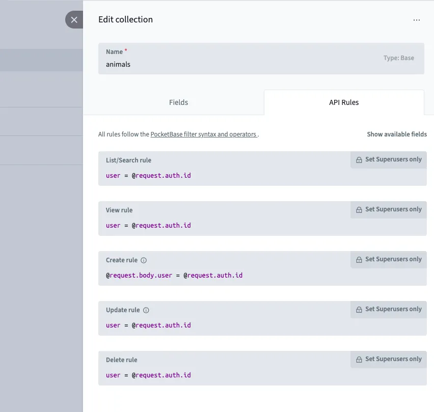 API rules for the animal collection