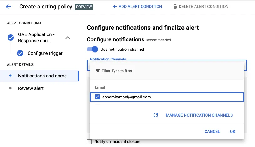 configuring my personal email as a notification channel