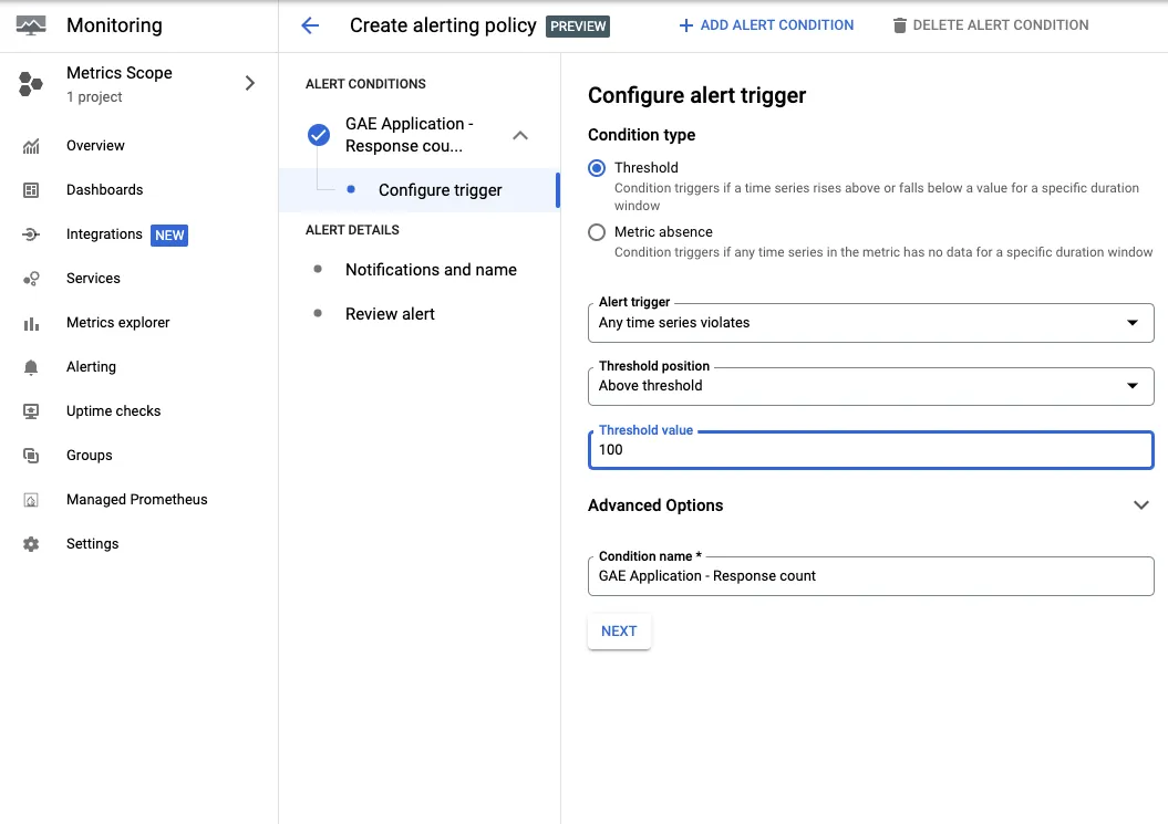 form showing trigger condition threshold
