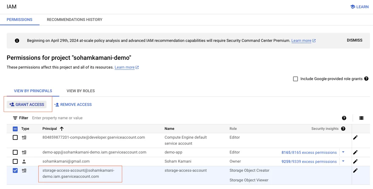 Modifying Service Account Roles in Google Cloud Console