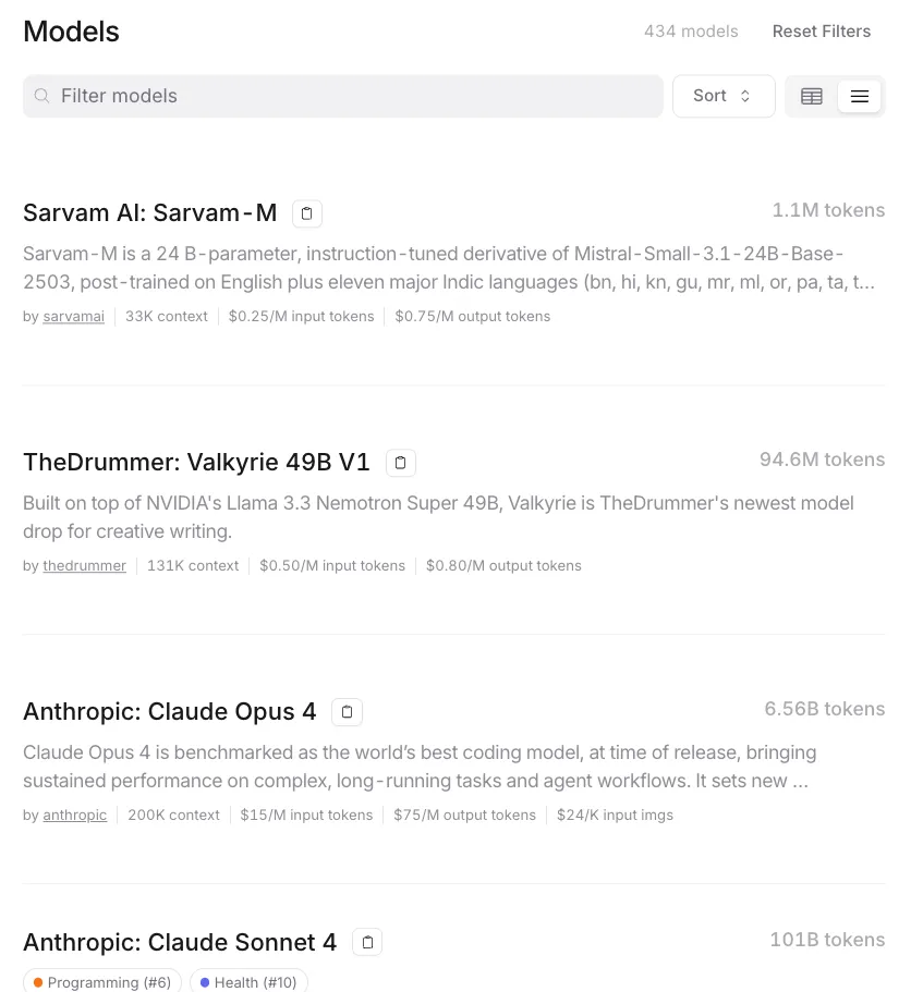 Screenshot of OpenRouter models page showing various LLMs, filtering options, and pricing information