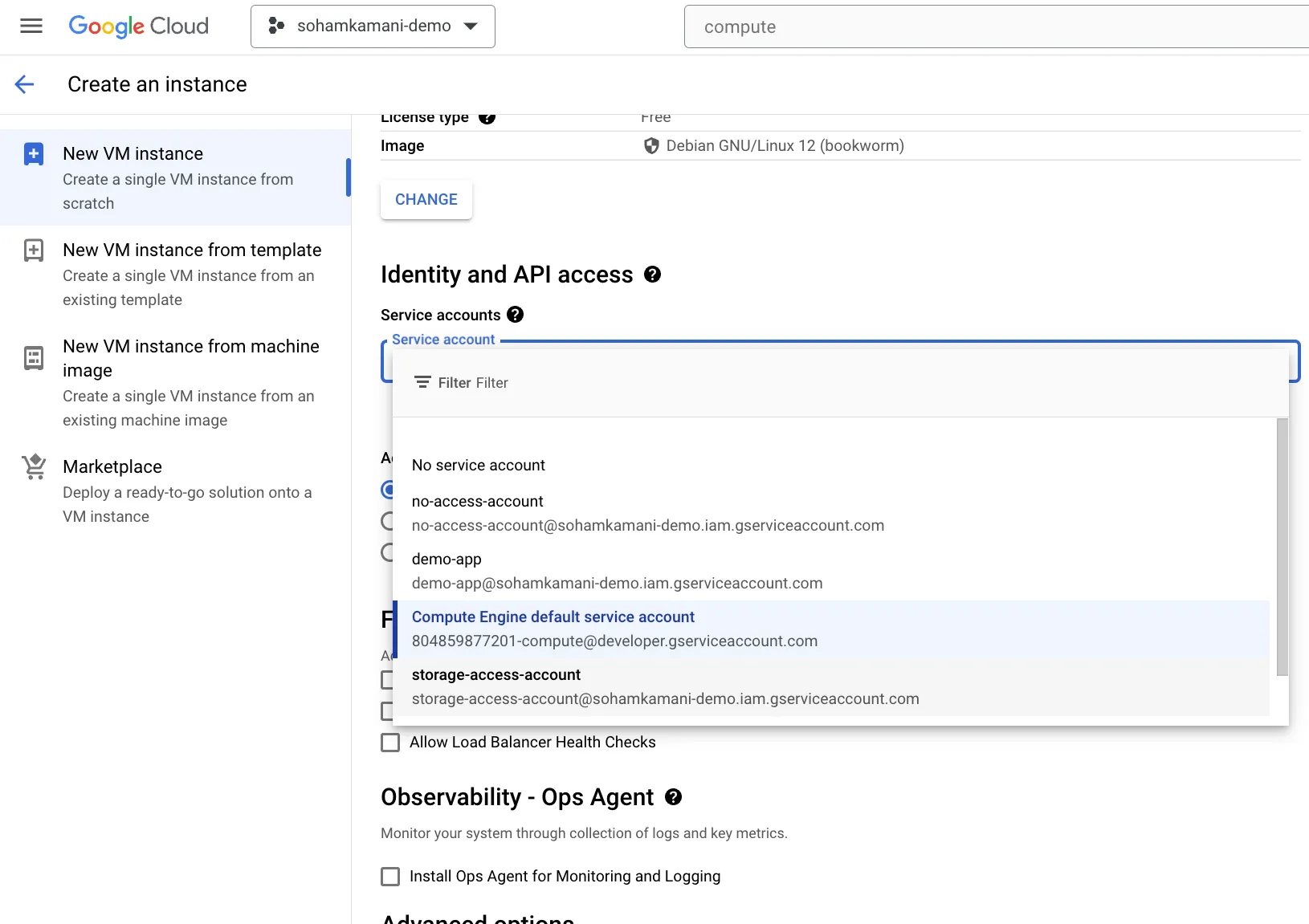 Select Service Account for VM Instance