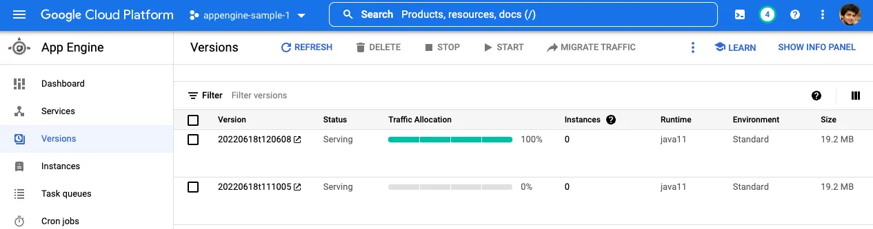 view of different appengine versions