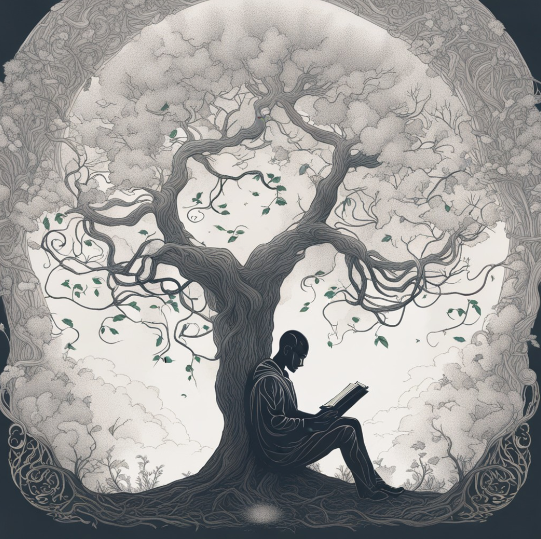 A visual depicting a person sitting under a tree and reading a book. From his head, there are several vines and sprouts emerging and becoming a part of the tree. The background is ethereal and mystical
