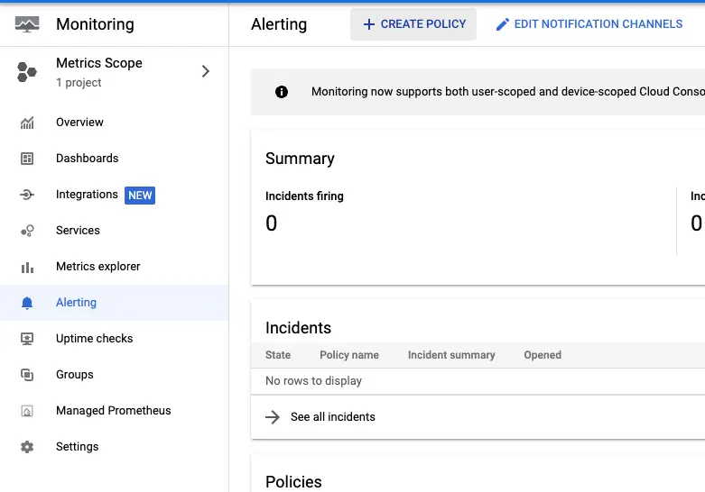 create a new alert policy from the alert tab
