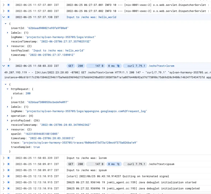 expanding logs shows their JSON fields