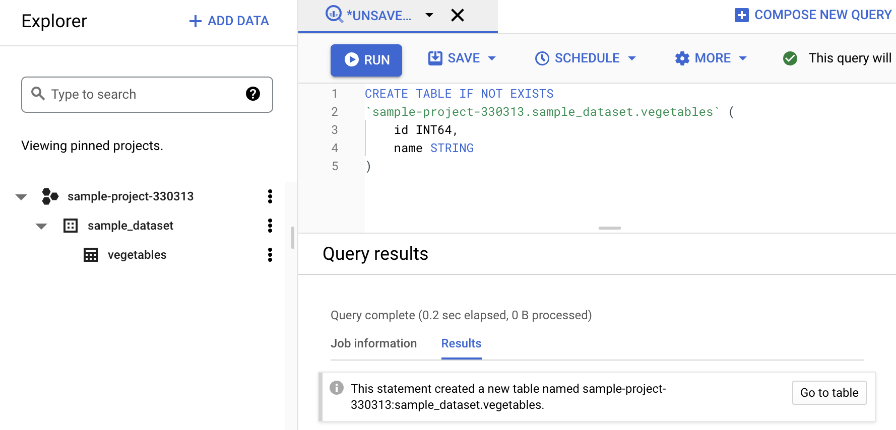 run query on bigquery console to create the new table
